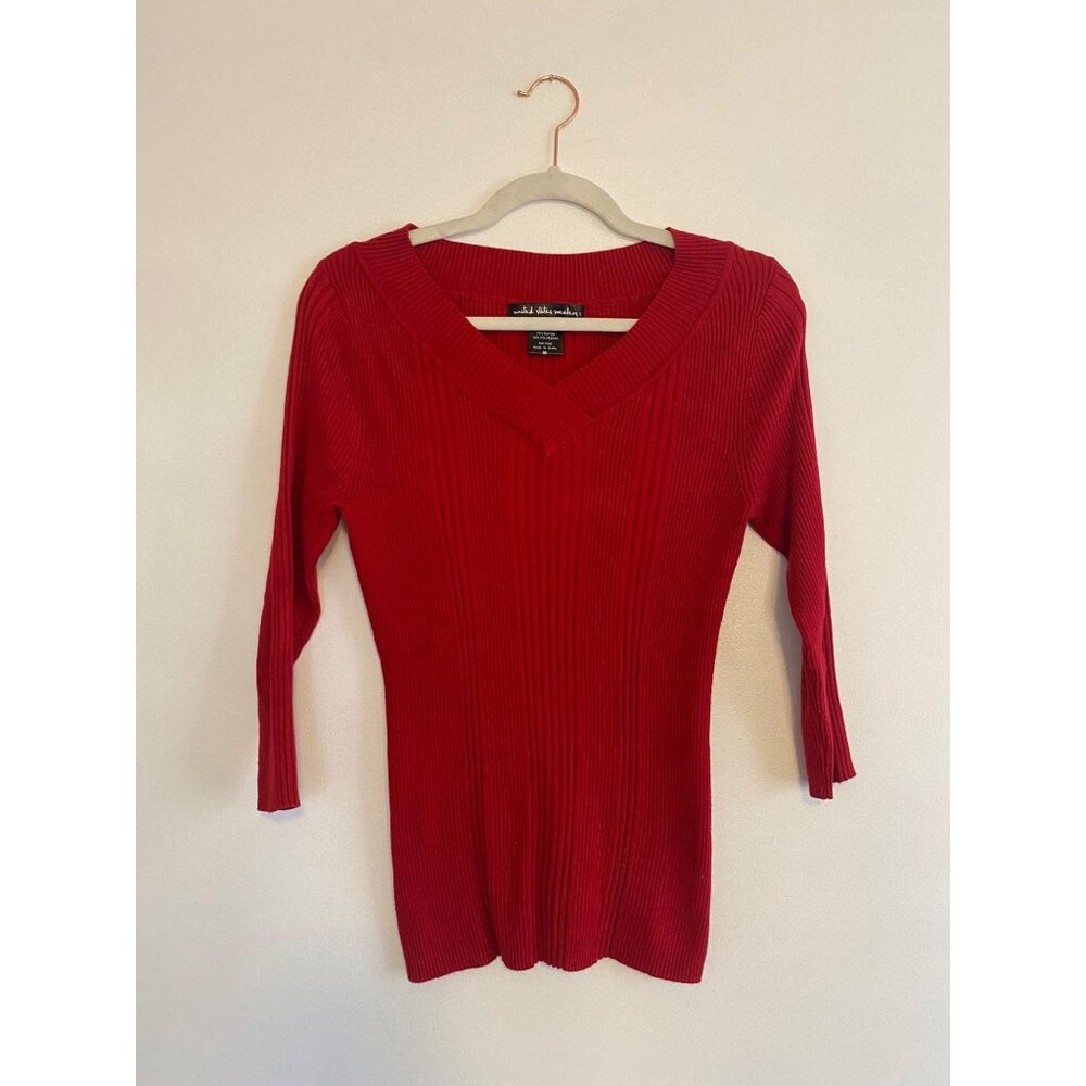 Y2K Red Ribbed V-Neck Sweater By United States Sweaters Stretchy Fit Size M